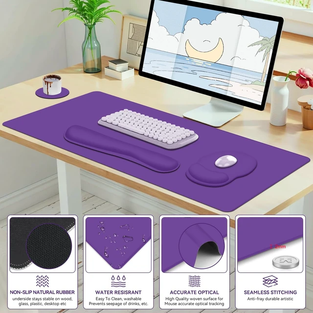 Alt view image 7 of 7 - 4 PCS Mouse Pad Desk Mat Protector, Keyboard Wrist Rest + Comfortable Mouse Pad Wrist Rest +Coaster, Large Gaming Mousepad for Computer Laptop, 35.4"X 15.7" Deskpad for Office Home I Dark Purple