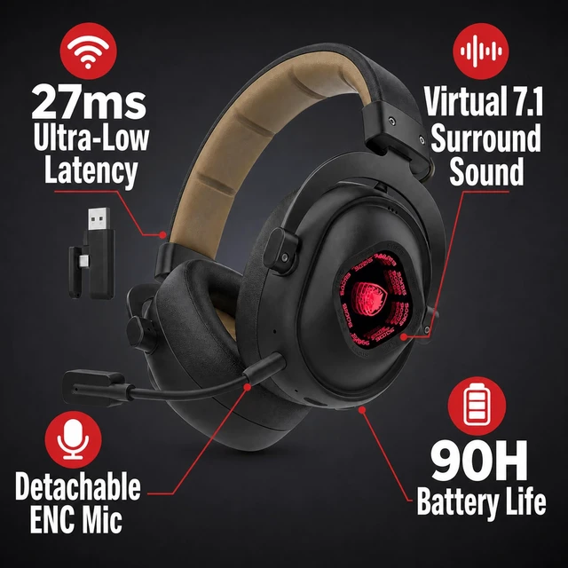 Alt view image 5 of 7 - SADES Wireless Gaming Headset 7.1 Surround 90H Black for PS5 PC Switch | 27ms Low Latency, Dual 2.4GHz Dongles, 290g Lightweight, Detachable AI ENC Mic, RGB Infinity Mirror, for Xbox/PS4/Phone