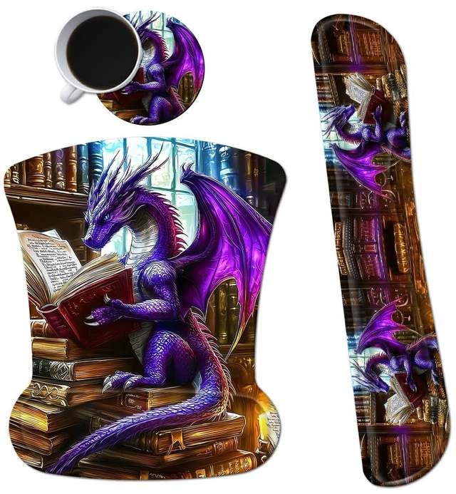Main image of Dikoer 3Pcs Ergonomic Memory Foam Keyboard Wrist Rest Pad Set, Dragon Book | Memory Foam Keyboard Wrist Rest Pad Set & Coaster, Non-Slip Base Desk Mat for Office Home Game Computer & Laptop