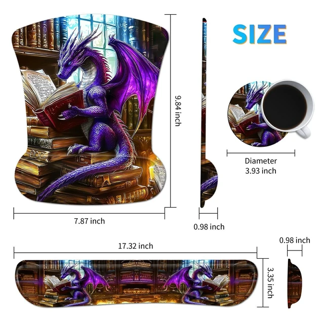 Alt view image 2 of 7 - Dikoer 3Pcs Ergonomic Memory Foam Keyboard Wrist Rest Pad Set, Dragon Book | Memory Foam Keyboard Wrist Rest Pad Set & Coaster, Non-Slip Base Desk Mat for Office Home Game Computer & Laptop