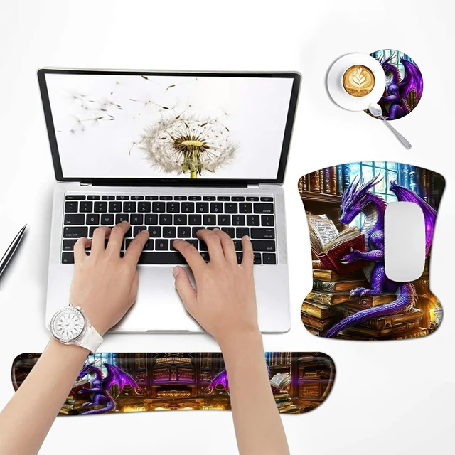 Alt view image 7 of 7 - Dikoer 3Pcs Ergonomic Memory Foam Keyboard Wrist Rest Pad Set, Dragon Book | Memory Foam Keyboard Wrist Rest Pad Set & Coaster, Non-Slip Base Desk Mat for Office Home Game Computer & Laptop
