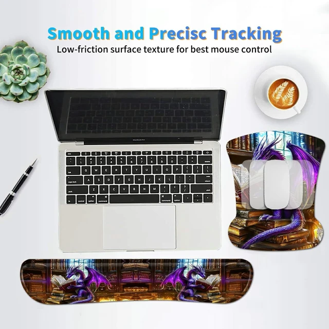 Alt view image 6 of 7 - Dikoer 3Pcs Ergonomic Memory Foam Keyboard Wrist Rest Pad Set, Dragon Book | Memory Foam Keyboard Wrist Rest Pad Set & Coaster, Non-Slip Base Desk Mat for Office Home Game Computer & Laptop