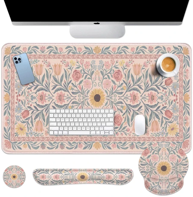 Main image of Arttown Keyboard Mouse Pad Set, 4 in 1 Desk Mat Set Floral Flower Spring | Colorful Leaves Large Mousepad+Keyboard Wrist Rest+Mouse Wrist Rest+Coaster Ergonomic Design for Home Office Computer