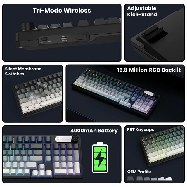Alt view image 2 of 7 - GEODMAER G98X Wireless Gaming Keyboard, Tri-Mode 2.4GHz/USB-C/BT5.0 Silent Gaming Keyboard with Number Pad & Knob, RGB Backlit, Side Printed PBT Keycaps Computer Keyboards for PC Laptop Gamer