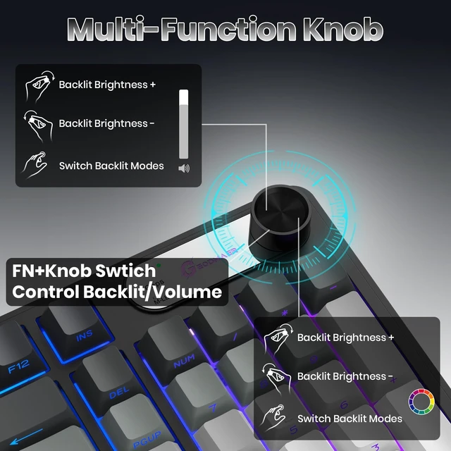 Alt view image 5 of 7 - GEODMAER G98X Wireless Gaming Keyboard, Tri-Mode 2.4GHz/USB-C/BT5.0 Silent Gaming Keyboard with Number Pad & Knob, RGB Backlit, Side Printed PBT Keycaps Computer Keyboards for PC Laptop Gamer