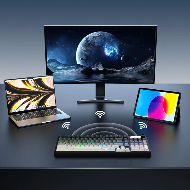 Alt view image 7 of 7 - GEODMAER G98X Wireless Gaming Keyboard, Tri-Mode 2.4GHz/USB-C/BT5.0 Silent Gaming Keyboard with Number Pad & Knob, RGB Backlit, Side Printed PBT Keycaps Computer Keyboards for PC Laptop Gamer