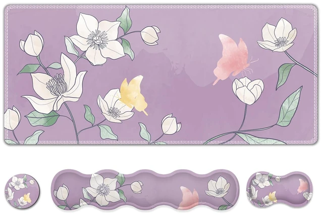 Main image of AIMSA Flower Desk Mat, Purple Mouse Pad with Wrist Rest Set, XXL Mousepad+Keyboard Wrist Rest+Mouse Pad Wrist Support+Coaster for Home Office Accessories