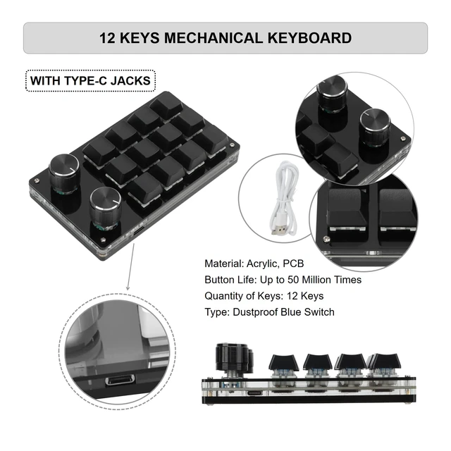 Alt view image 2 of 7 - KUIDAMOS 12 Key Mechanical Numpad Mini Mechanical Gaming Keyboard,Macro Keyboard Knob with Knob Function and Type C to USB Interface Mini One Handed One Click Start for Linux OS X(Black)
