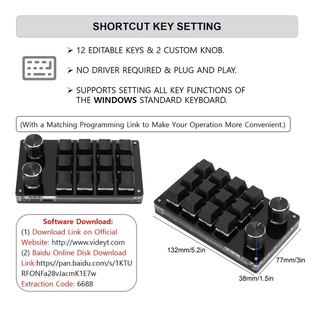 Alt view image 3 of 7 - KUIDAMOS 12 Key Mechanical Numpad Mini Mechanical Gaming Keyboard,Macro Keyboard Knob with Knob Function and Type C to USB Interface Mini One Handed One Click Start for Linux OS X(Black)