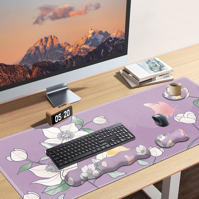 Alt view image 2 of 7 - AIMSA Flower Desk Mat, Purple Mouse Pad with Wrist Rest Set, XXL Mousepad+Keyboard Wrist Rest+Mouse Pad Wrist Support+Coaster for Home Office Accessories