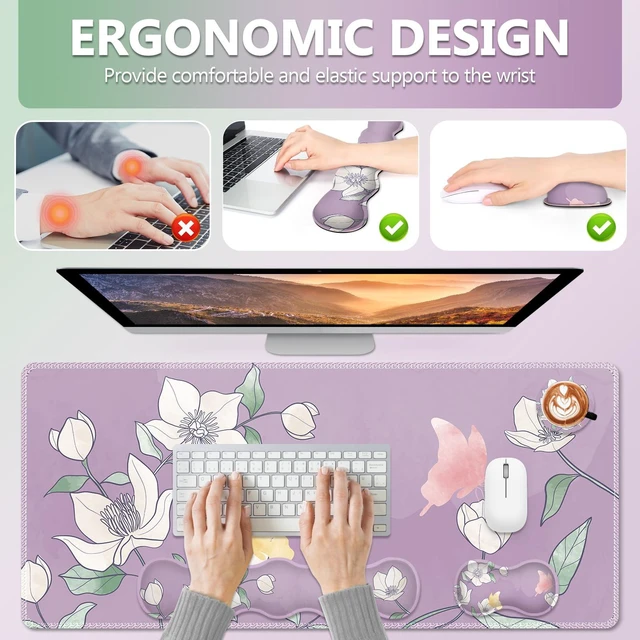 Alt view image 3 of 7 - AIMSA Flower Desk Mat, Purple Mouse Pad with Wrist Rest Set, XXL Mousepad+Keyboard Wrist Rest+Mouse Pad Wrist Support+Coaster for Home Office Accessories