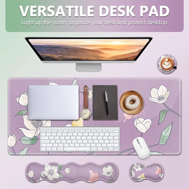 Alt view image 6 of 7 - AIMSA Flower Desk Mat, Purple Mouse Pad with Wrist Rest Set, XXL Mousepad+Keyboard Wrist Rest+Mouse Pad Wrist Support+Coaster for Home Office Accessories