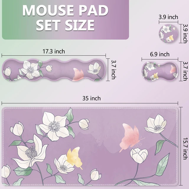 Alt view image 7 of 7 - AIMSA Flower Desk Mat, Purple Mouse Pad with Wrist Rest Set, XXL Mousepad+Keyboard Wrist Rest+Mouse Pad Wrist Support+Coaster for Home Office Accessories