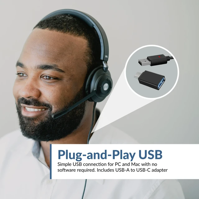 Alt view image 5 of 7 - Cyber Acoustics HS-2000 USB Headset, UC Optimized, Earcup Controls | Wired Headset for PC and Mac with Noise-Cancelling Mic, UC Optimized, Earcup Controls, All Day Comfort, USB-C Adapter