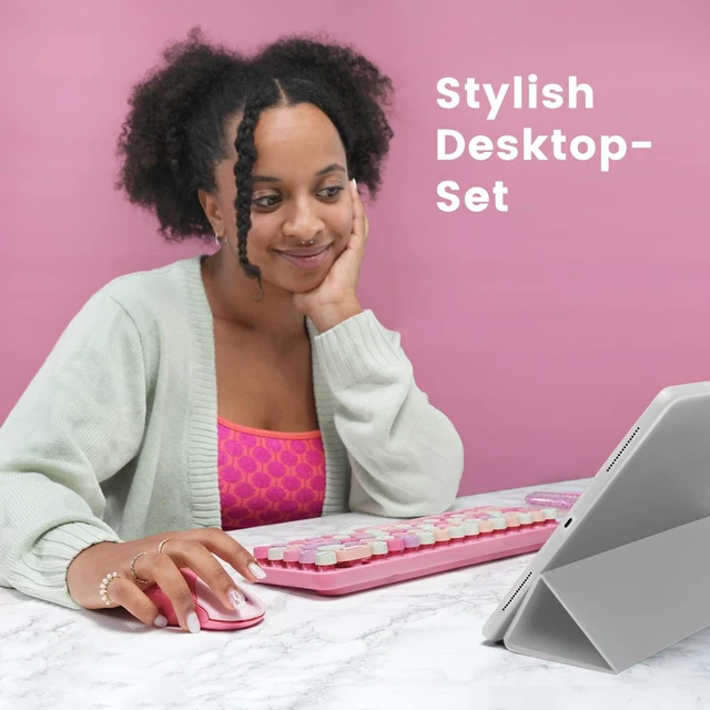 Alt view image 2 of 7 - Perixx PERIDUO-802PK Bluetooth Mini Keyboard and Mouse Combo - Retro Round Key Caps - Pastel Pink - US English