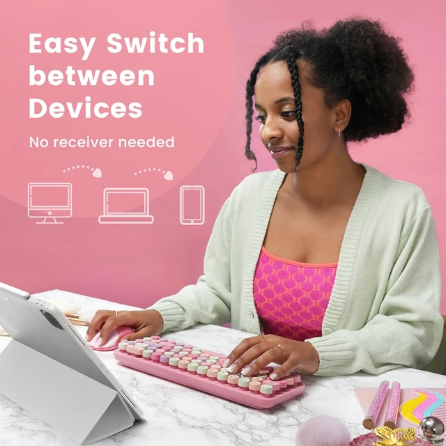 Alt view image 4 of 7 - Perixx PERIDUO-802PK Bluetooth Mini Keyboard and Mouse Combo - Retro Round Key Caps - Pastel Pink - US English