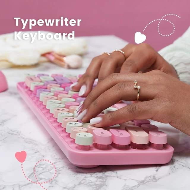 Alt view image 6 of 7 - Perixx PERIDUO-802PK Bluetooth Mini Keyboard and Mouse Combo - Retro Round Key Caps - Pastel Pink - US English