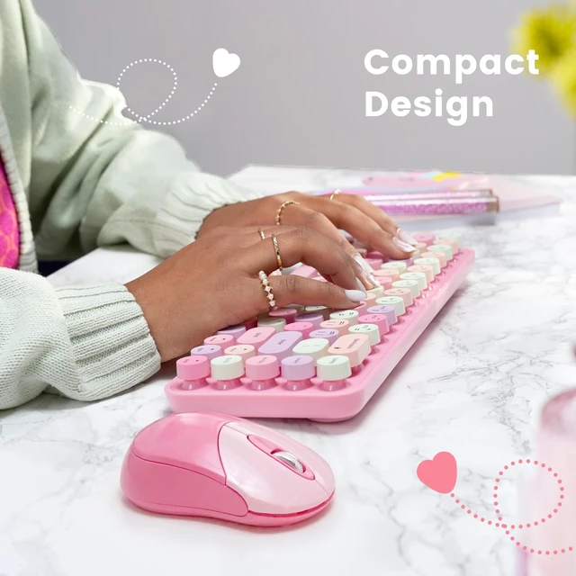 Alt view image 7 of 7 - Perixx PERIDUO-802PK Bluetooth Mini Keyboard and Mouse Combo - Retro Round Key Caps - Pastel Pink - US English