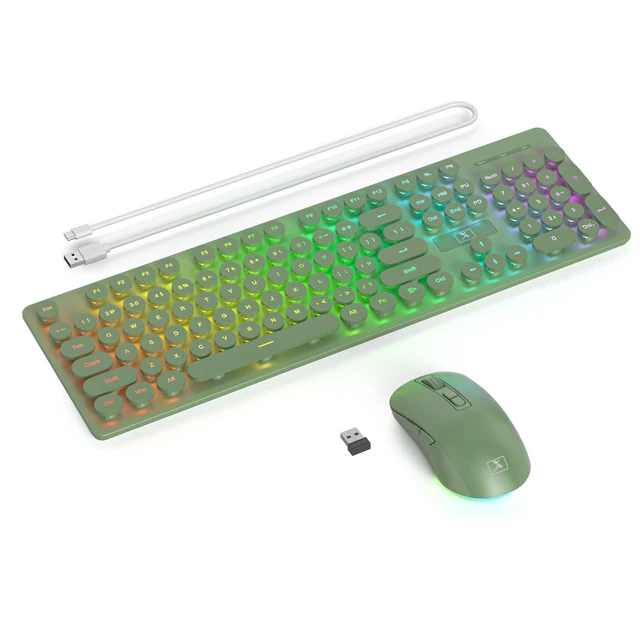 Alt view image 7 of 7 - Fogruaden Rechargeable Wireless Keyboard and Mouse, Backlit Cute Keyboard and Mouse Combo with Retro Round Keycap, 2.4G Connectivity for Windows PC, Laptop, Desktops, Computer(Dark Green)