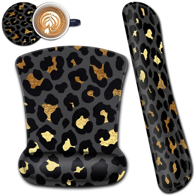 Main image of Mouse Pad with Ergonomic Wrist Support and Memory Foam Keyboard Wrist Rest, Non-Slip PU Base Gel Mouse Mat, Keyboard Palm Rest for Home Office Wireless Gaming Desk Pad Gold & Black Leopard
