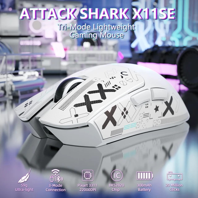 Alt view image 2 of 7 - ATTACK SHARK X11 SE Tri Mode Lightweight Wireless Gaming Mouse - White+Tape | 22000 DPI, Wired/BT/2.4Ghz, PAW3311 Optical Sensor, 59g, 1000Hz Polling, 300mAh Battery for FPS Gamer PC/WIN