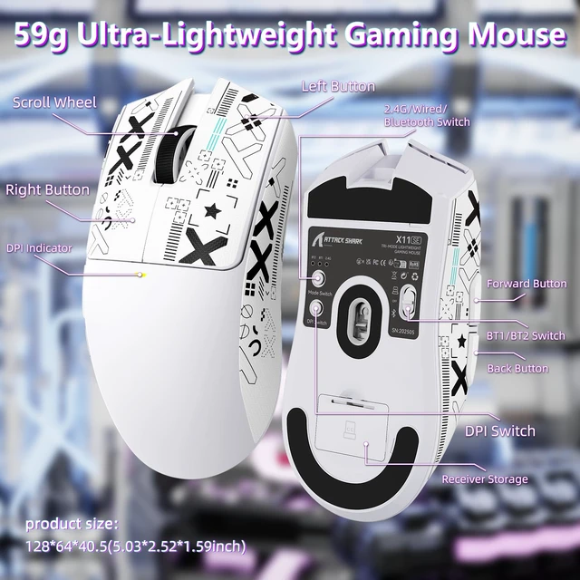 Alt view image 6 of 7 - ATTACK SHARK X11 SE Tri Mode Lightweight Wireless Gaming Mouse - White+Tape | 22000 DPI, Wired/BT/2.4Ghz, PAW3311 Optical Sensor, 59g, 1000Hz Polling, 300mAh Battery for FPS Gamer PC/WIN