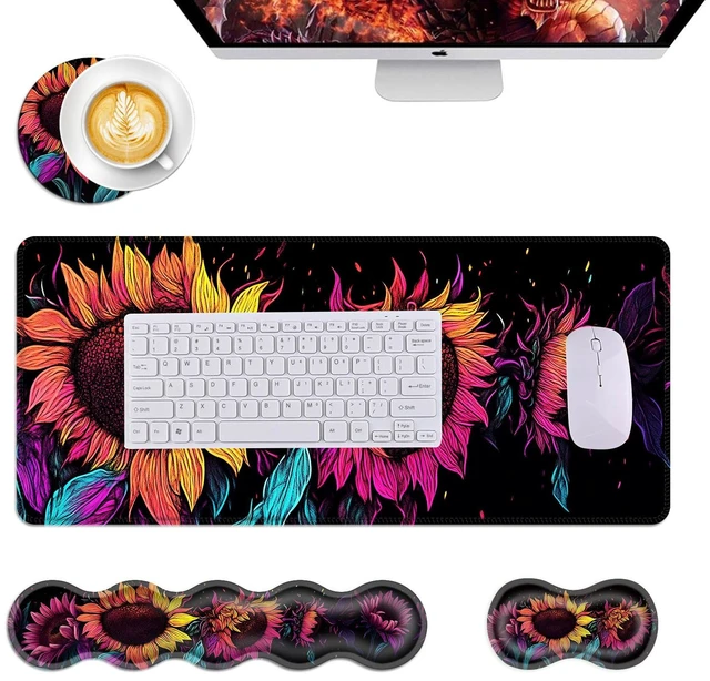 Main image of smauncucn Mouse Pad,Large Desk Mat Set, 4in1 XL Mousepad + Keyboard Wrist Rest+Mouse Wrist Rest+Coaster with Ergonomic Desk Pad for Home Office Table Computer Cover -Neon Colorful Sunflowers