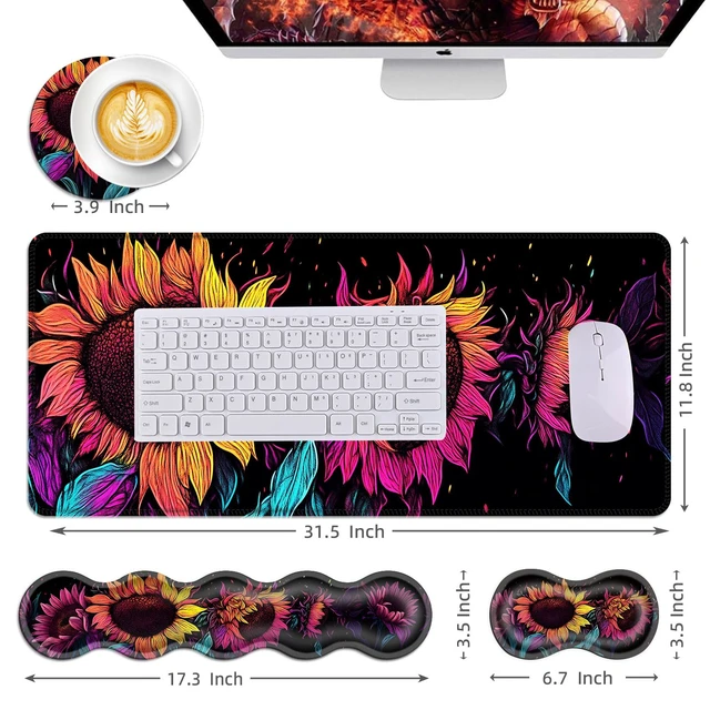 Alt view image 6 of 7 - smauncucn Mouse Pad,Large Desk Mat Set, 4in1 XL Mousepad + Keyboard Wrist Rest+Mouse Wrist Rest+Coaster with Ergonomic Desk Pad for Home Office Table Computer Cover -Neon Colorful Sunflowers