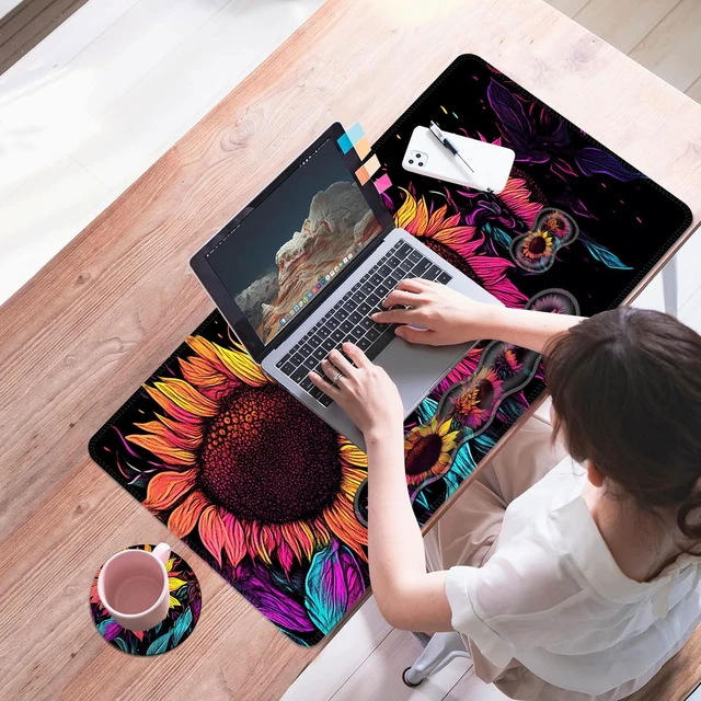 Alt view image 7 of 7 - smauncucn Mouse Pad,Large Desk Mat Set, 4in1 XL Mousepad + Keyboard Wrist Rest+Mouse Wrist Rest+Coaster with Ergonomic Desk Pad for Home Office Table Computer Cover -Neon Colorful Sunflowers