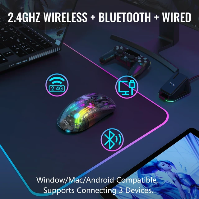 Alt view image 4 of 7 - AJAZZ Wireless Gaming Mouse with Full Transparent,Tri-Mode 2.4GHz/Bluetooth/Wired Mouse,Digital Display,Charging Base,3D RGB Backlit,Silent Mice with 7 Buttons,Wireless Mice for Laptop,PC,Mac(Black)
