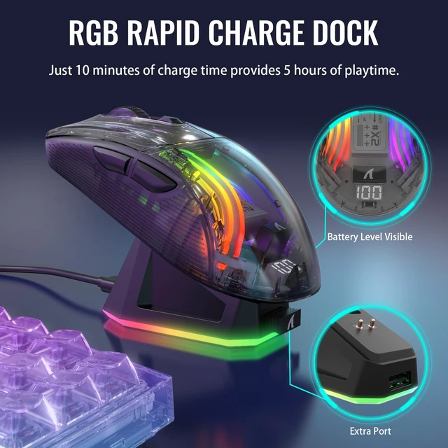 Alt view image 3 of 7 - AJAZZ Wireless Gaming Mouse with Full Transparent,Tri-Mode 2.4GHz/Bluetooth/Wired Mouse,Digital Display,Charging Base,3D RGB Backlit,Silent Mice with 7 Buttons,Wireless Mice for Laptop,PC,Mac(Black)