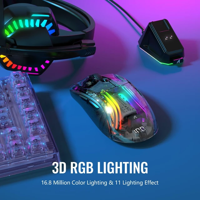 Alt view image 5 of 7 - AJAZZ Wireless Gaming Mouse with Full Transparent,Tri-Mode 2.4GHz/Bluetooth/Wired Mouse,Digital Display,Charging Base,3D RGB Backlit,Silent Mice with 7 Buttons,Wireless Mice for Laptop,PC,Mac(Black)