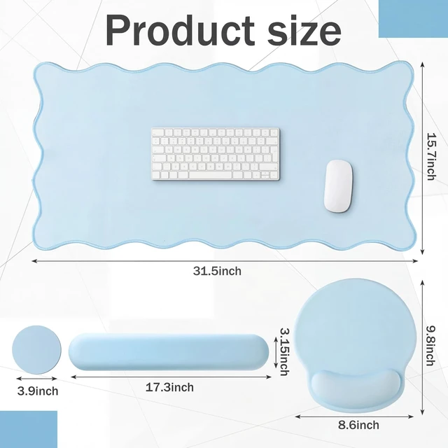 Alt view image 2 of 7 - Sabary Scalloped Desk Mat Keyboard Mouse Pad Set Blue 31.5 x 15.7 Inch | Preppy Table Mat Keyboard Wrist Rest Cute Mouse Pad with Wrist Rest Coaster Ergonomic Non-slip Waterproof Gaming Desk