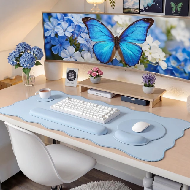 Alt view image 5 of 7 - Sabary Scalloped Desk Mat Keyboard Mouse Pad Set Blue 31.5 x 15.7 Inch | Preppy Table Mat Keyboard Wrist Rest Cute Mouse Pad with Wrist Rest Coaster Ergonomic Non-slip Waterproof Gaming Desk