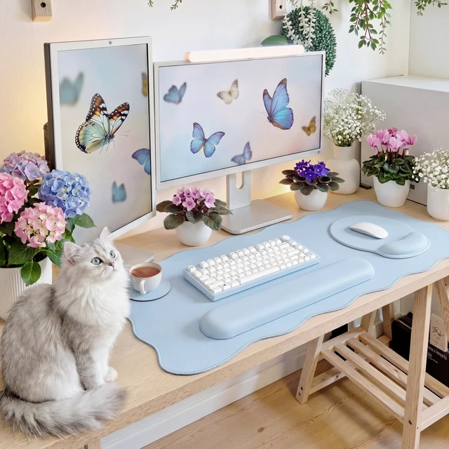 Alt view image 6 of 7 - Sabary Scalloped Desk Mat Keyboard Mouse Pad Set Blue 31.5 x 15.7 Inch | Preppy Table Mat Keyboard Wrist Rest Cute Mouse Pad with Wrist Rest Coaster Ergonomic Non-slip Waterproof Gaming Desk