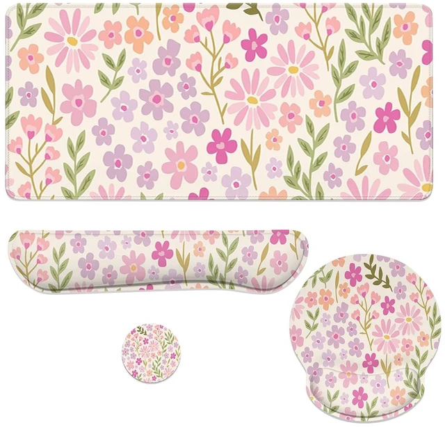 Main image of Flowers Mouse Pad Set Pastel Pink Purple Spring Gaming Mousepad 4in1 Desk Mat for Desktop Anti-Slip XXL Big Computer Ergonomic Mousepad with Wrist Support for Keyboard and Mouse