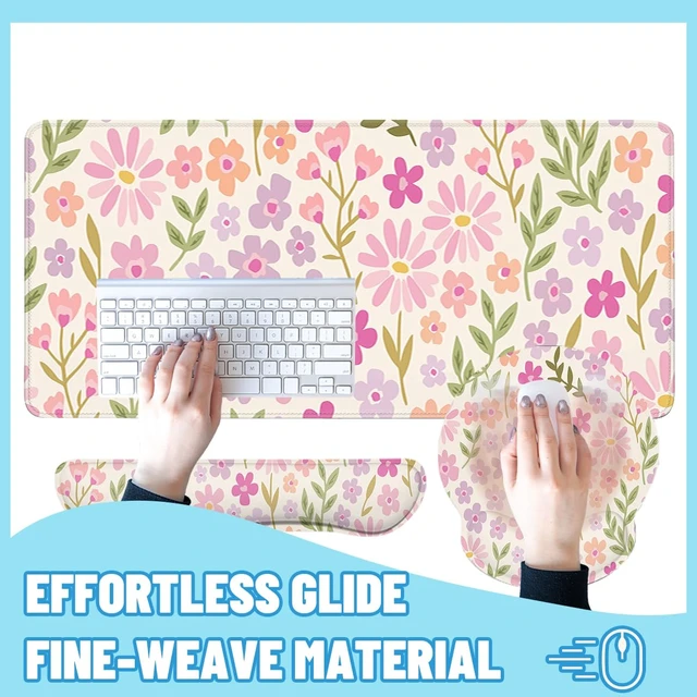 Alt view image 4 of 7 - Flowers Mouse Pad Set Pastel Pink Purple Spring Gaming Mousepad 4in1 Desk Mat for Desktop Anti-Slip XXL Big Computer Ergonomic Mousepad with Wrist Support for Keyboard and Mouse