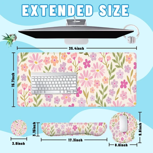 Alt view image 2 of 7 - Flowers Mouse Pad Set Pastel Pink Purple Spring Gaming Mousepad 4in1 Desk Mat for Desktop Anti-Slip XXL Big Computer Ergonomic Mousepad with Wrist Support for Keyboard and Mouse