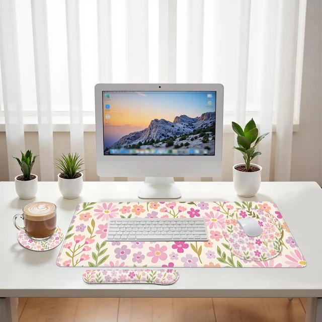 Alt view image 6 of 7 - Flowers Mouse Pad Set Pastel Pink Purple Spring Gaming Mousepad 4in1 Desk Mat for Desktop Anti-Slip XXL Big Computer Ergonomic Mousepad with Wrist Support for Keyboard and Mouse