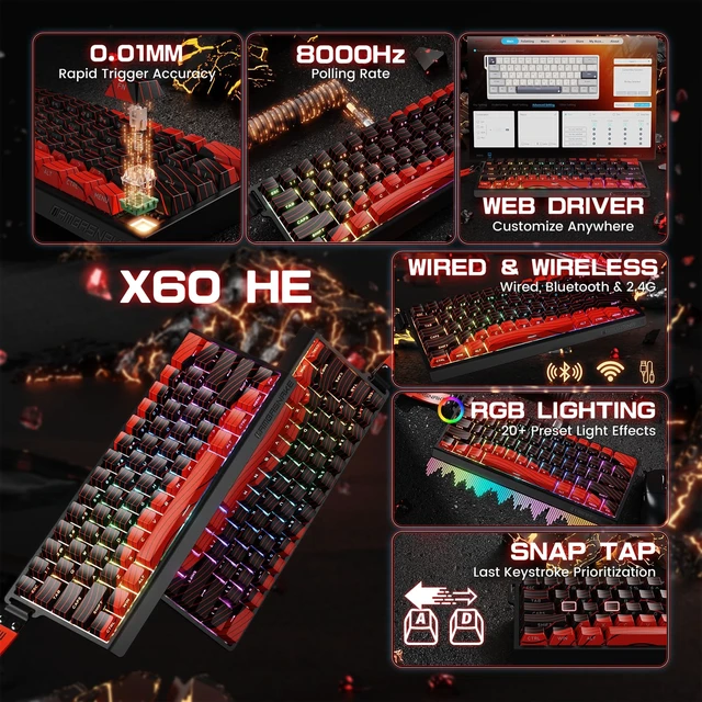 Alt view image 2 of 7 - MAMBASNAKE X60 HE Magnetic Switch Keyboard Adjustable Actuation,BT/2.4G/Wired Tri-Mode 60% Percent Mechanical Gaming Keyboard,8KHz Polling Rate Rapid Trigger,Web Driver for Win/Mac-Black & Red