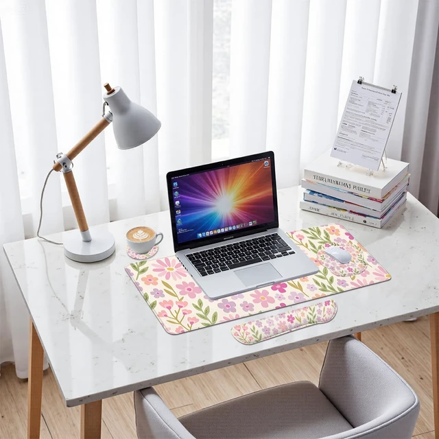 Alt view image 7 of 7 - Flowers Mouse Pad Set Pastel Pink Purple Spring Gaming Mousepad 4in1 Desk Mat for Desktop Anti-Slip XXL Big Computer Ergonomic Mousepad with Wrist Support for Keyboard and Mouse