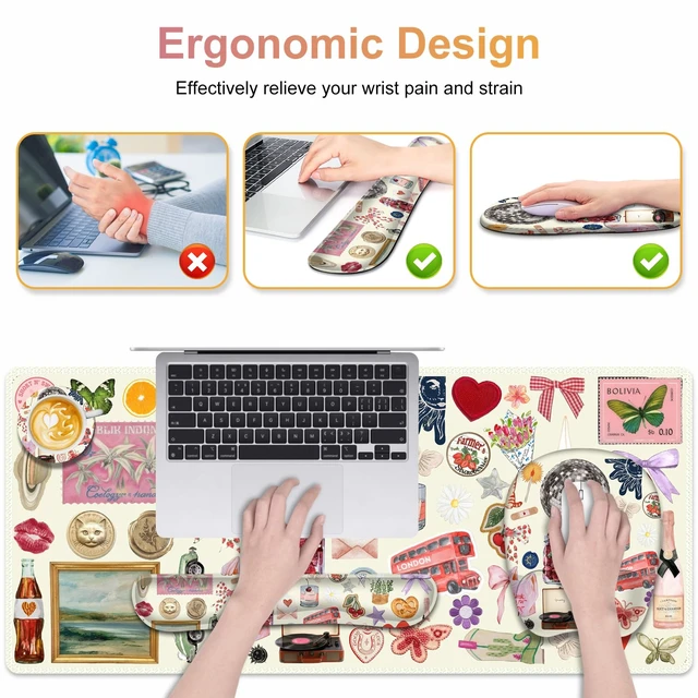 Alt view image 2 of 7 - Beige Mouse Pad with Wrist Support 4 in1 Set, XXL Big Game Mousepad + Keyboard Wrist Rest + Mouse Wrist Rest Pad +Coaster Gaming Mat for Home Office Work Computer I Cute Design Stickers