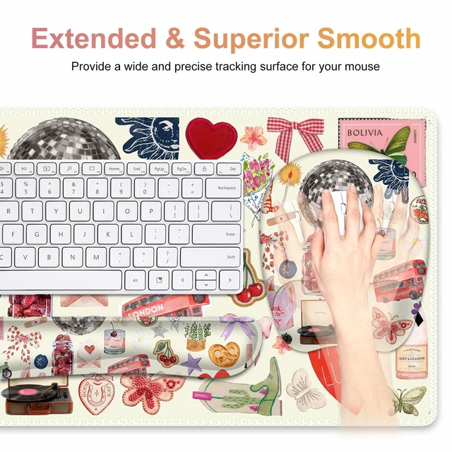 Alt view image 3 of 7 - Beige Mouse Pad with Wrist Support 4 in1 Set, XXL Big Game Mousepad + Keyboard Wrist Rest + Mouse Wrist Rest Pad +Coaster Gaming Mat for Home Office Work Computer I Cute Design Stickers