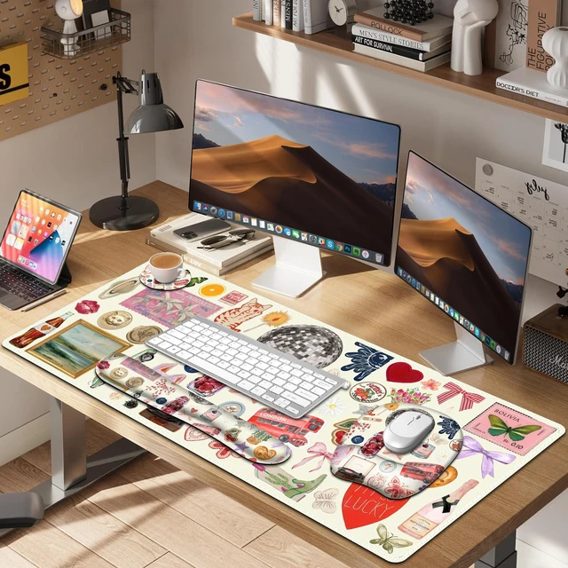 Alt view image 5 of 7 - Beige Mouse Pad with Wrist Support 4 in1 Set, XXL Big Game Mousepad + Keyboard Wrist Rest + Mouse Wrist Rest Pad +Coaster Gaming Mat for Home Office Work Computer I Cute Design Stickers
