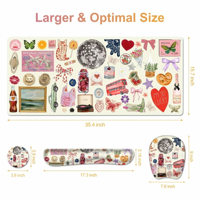 Alt view image 7 of 7 - Beige Mouse Pad with Wrist Support 4 in1 Set, XXL Big Game Mousepad + Keyboard Wrist Rest + Mouse Wrist Rest Pad +Coaster Gaming Mat for Home Office Work Computer I Cute Design Stickers