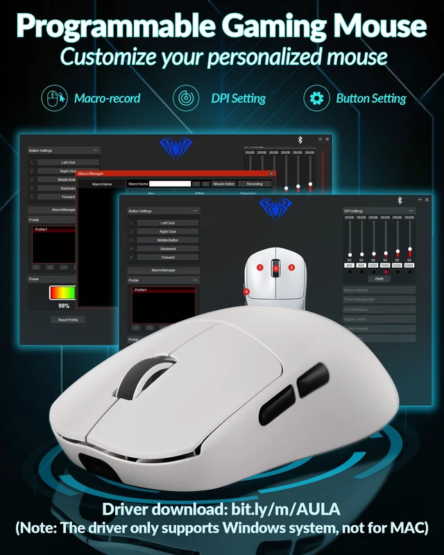 Alt view image 7 of 7 - AULA SC800 Wireless Gaming Mouse, White Gaming Mice & 26000 DPI, 37g | Ultra-Lightweight Mouse, PAW3395 Sensor, 8KHz Polling Rate, Programmable Buttons, BT5.0/2.4G/USB-C Rechargeable Mouse Gamer