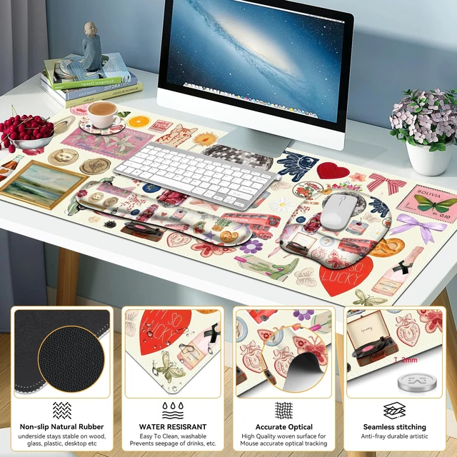 Alt view image 6 of 7 - Beige Mouse Pad with Wrist Support 4 in1 Set, XXL Big Game Mousepad + Keyboard Wrist Rest + Mouse Wrist Rest Pad +Coaster Gaming Mat for Home Office Work Computer I Cute Design Stickers