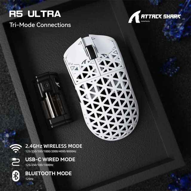 Alt view image 4 of 7 - ATTACK SHARK R5 Ultra Wireless Gaming Mouse,39g Superlight Carbon Fiber Hollowed-Out,PAW3950MAX Optical Sensor Nordic 52840 MCU 8K Polling 42K DPI,BT/2.4G/USB-C Mice with Coiled Cable for PC/Mac-White