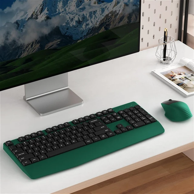 Alt view image 2 of 6 - Ergonomic Wireless Keyboard and Mouse Combo with Wrist Rest (Black Green) | COVEVA Full Size Keyboard with 12 Dedicated Shortcuts, Smart Auto-Sleep, 2.4GHz Receiver, Natural Typing for PC Laptop