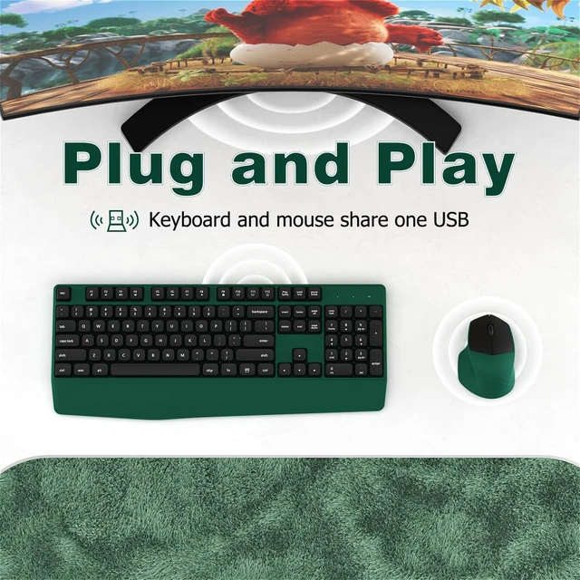 Alt view image 4 of 6 - Ergonomic Wireless Keyboard and Mouse Combo with Wrist Rest (Black Green) | COVEVA Full Size Keyboard with 12 Dedicated Shortcuts, Smart Auto-Sleep, 2.4GHz Receiver, Natural Typing for PC Laptop